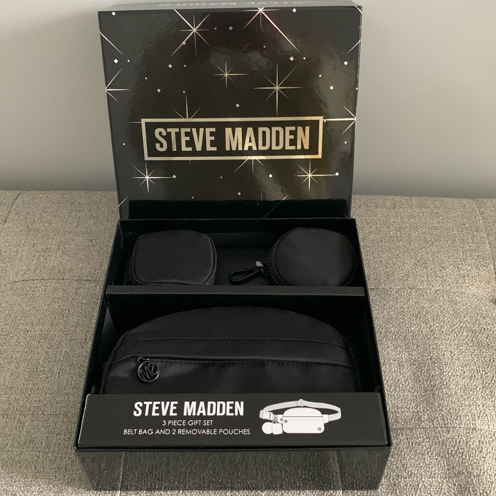 NEW Steve Madden black cross body belt bag with two clip on pouches.